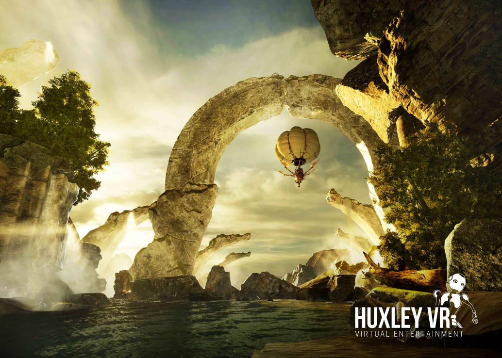 steampunk airship flying through stone arch in a scenic cove